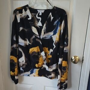 Nine West Black Abstract Surplice Blouse with Mustard and Cream Accents